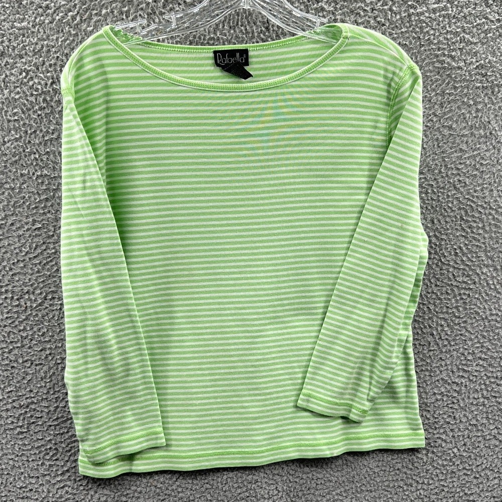 Womens Breton Stripe Top L Green White Long Sleeve Lightweight Coastal Casual